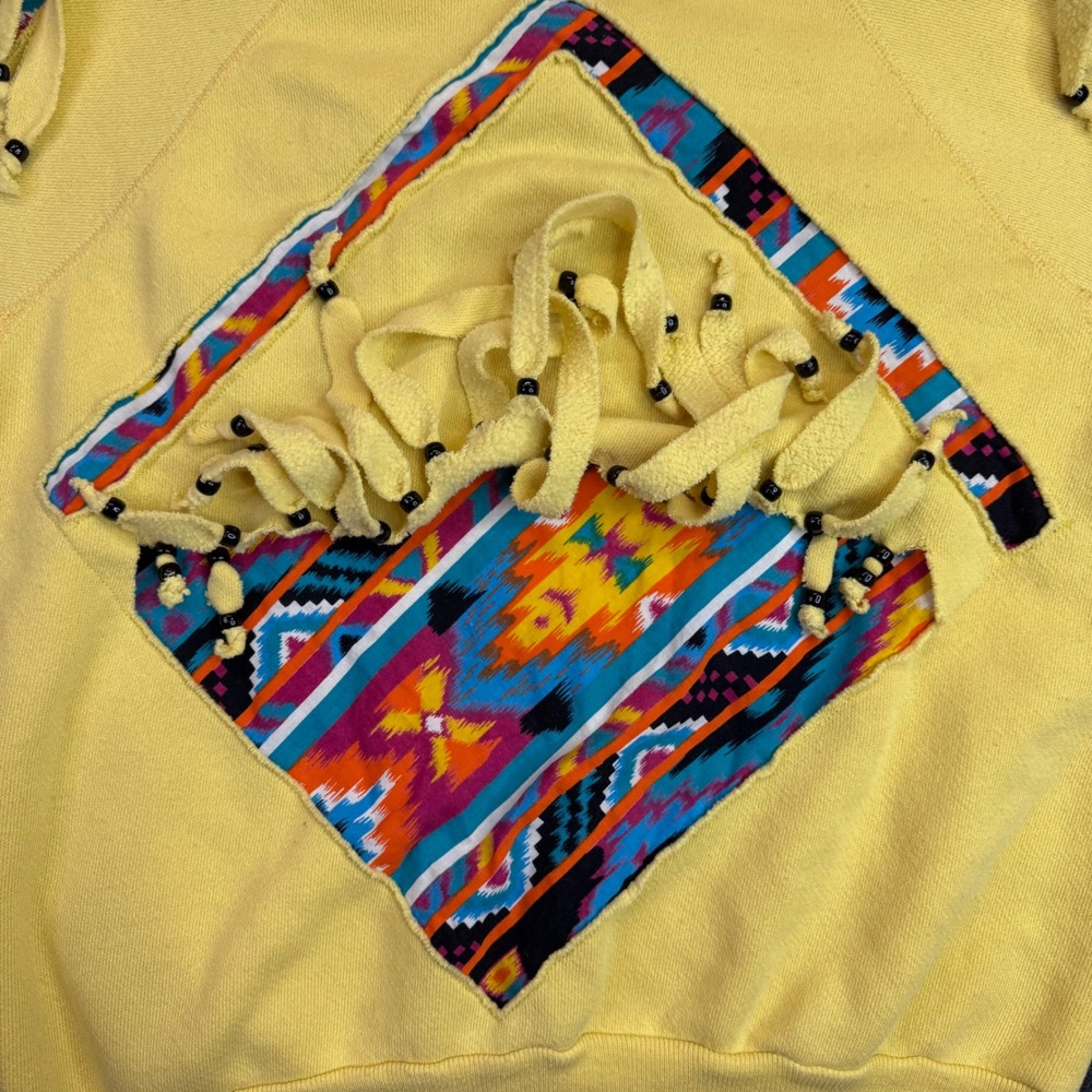 Vtg Discus Athletic Southwest Aztec Fringe Sweatshirt Medium Yellow 90s USA Boho - Picture 3 of 14